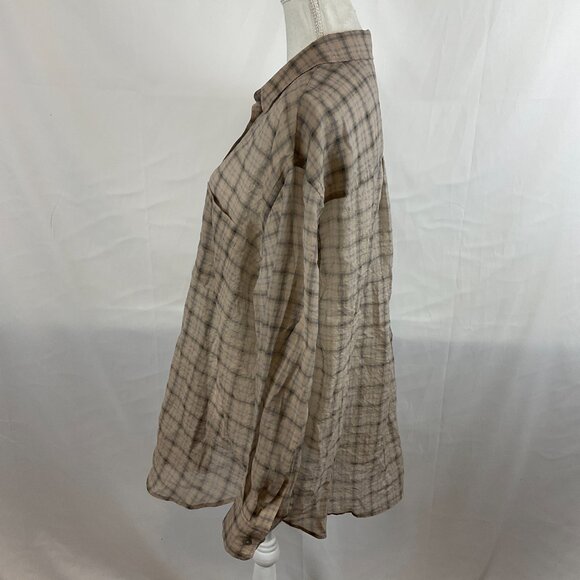 & Other Stories Blouse US 12 Beige Black Plaid Button Front Long Sleeve - Picture 6 of 12